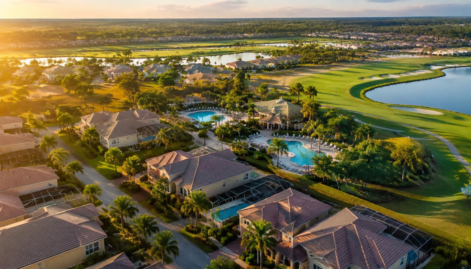 Aerial view of a resort vacation home community with private pools near Orlando